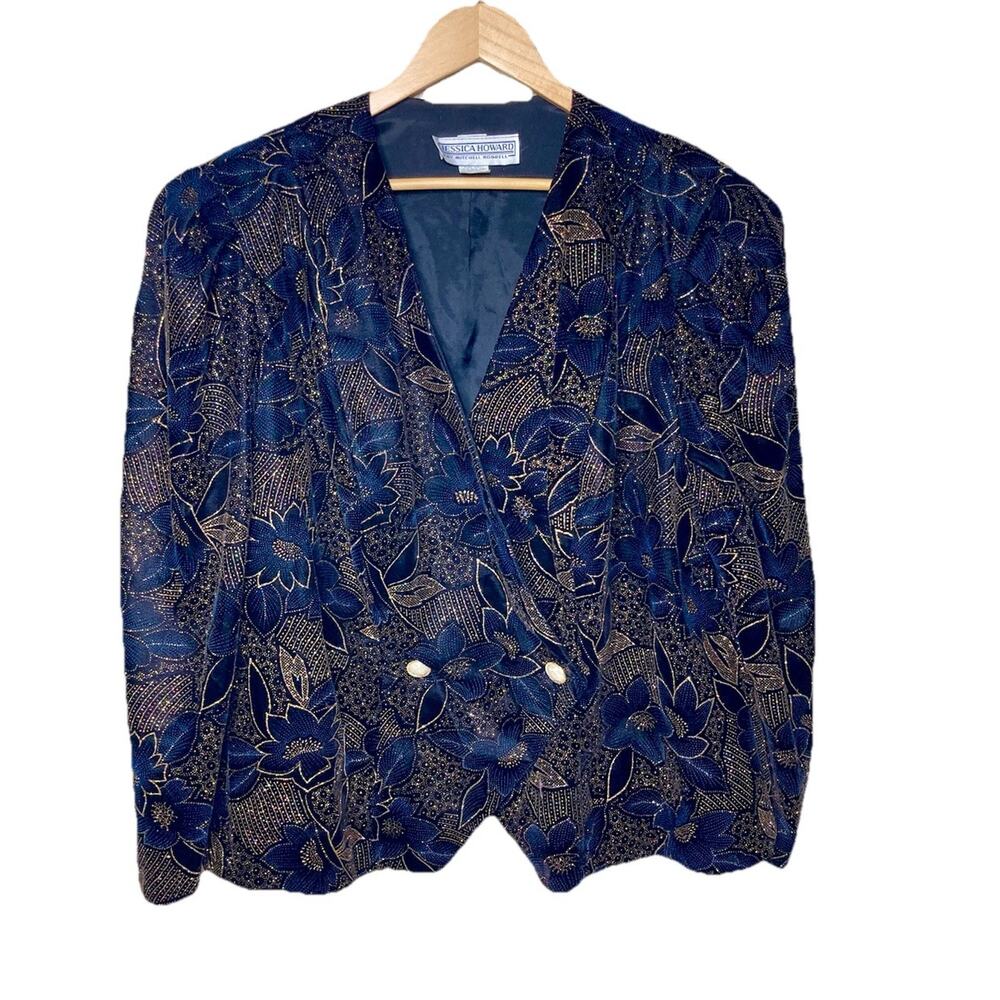 VTG Jessica Howard Blazer Blue Velvet Metallic Gold Floral 80s Cocktail Party